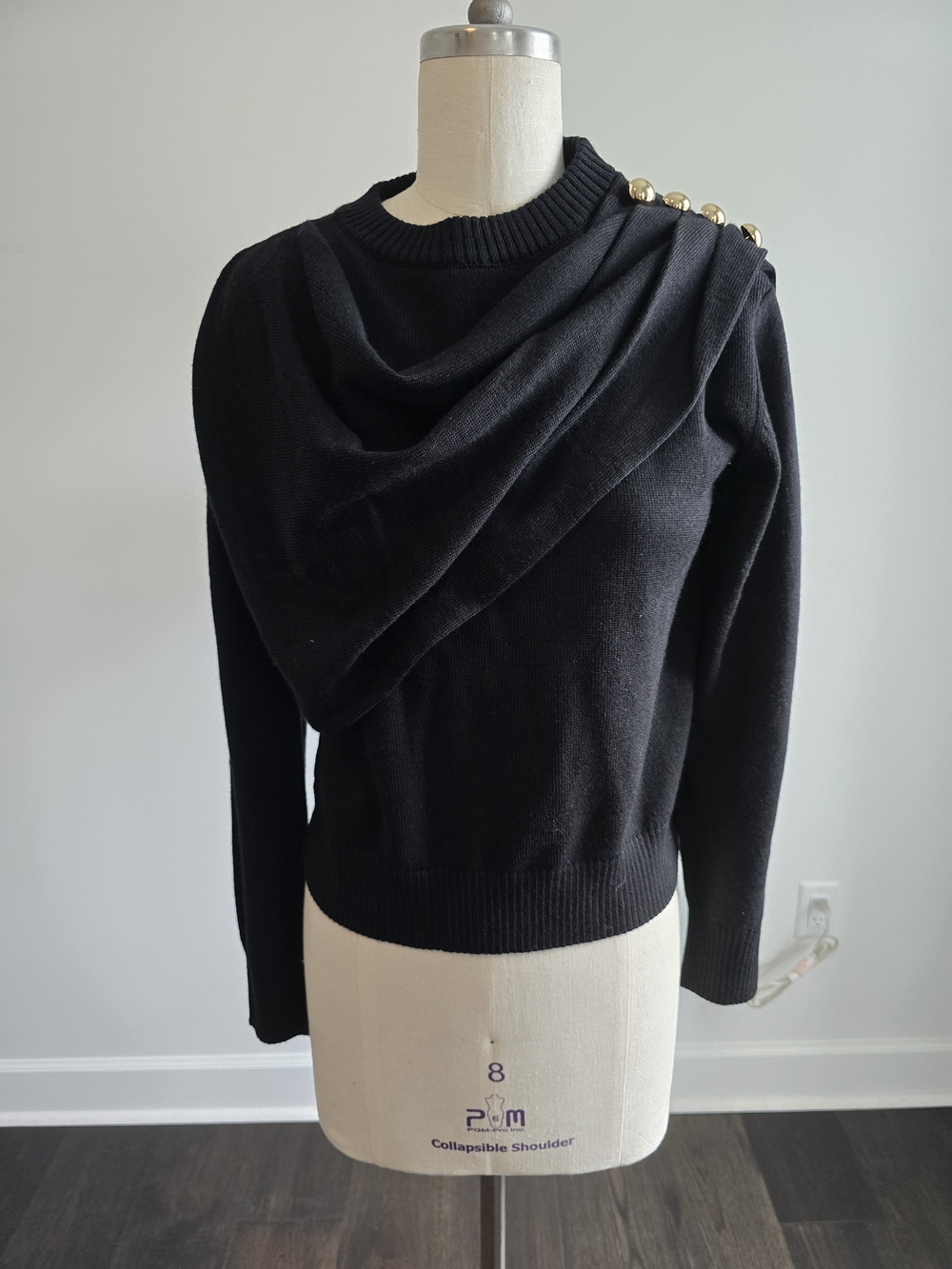Ronny Kobo Collection Black Draped Crewneck Sweater with Gold Shoulder Buttons